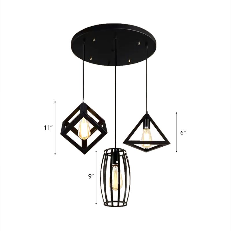 3 Heads Pendant Lighting with Different Cage Shade Metal Retro Stylish Kitchen Hanging Lamp in Black, Round/Linear Canopy