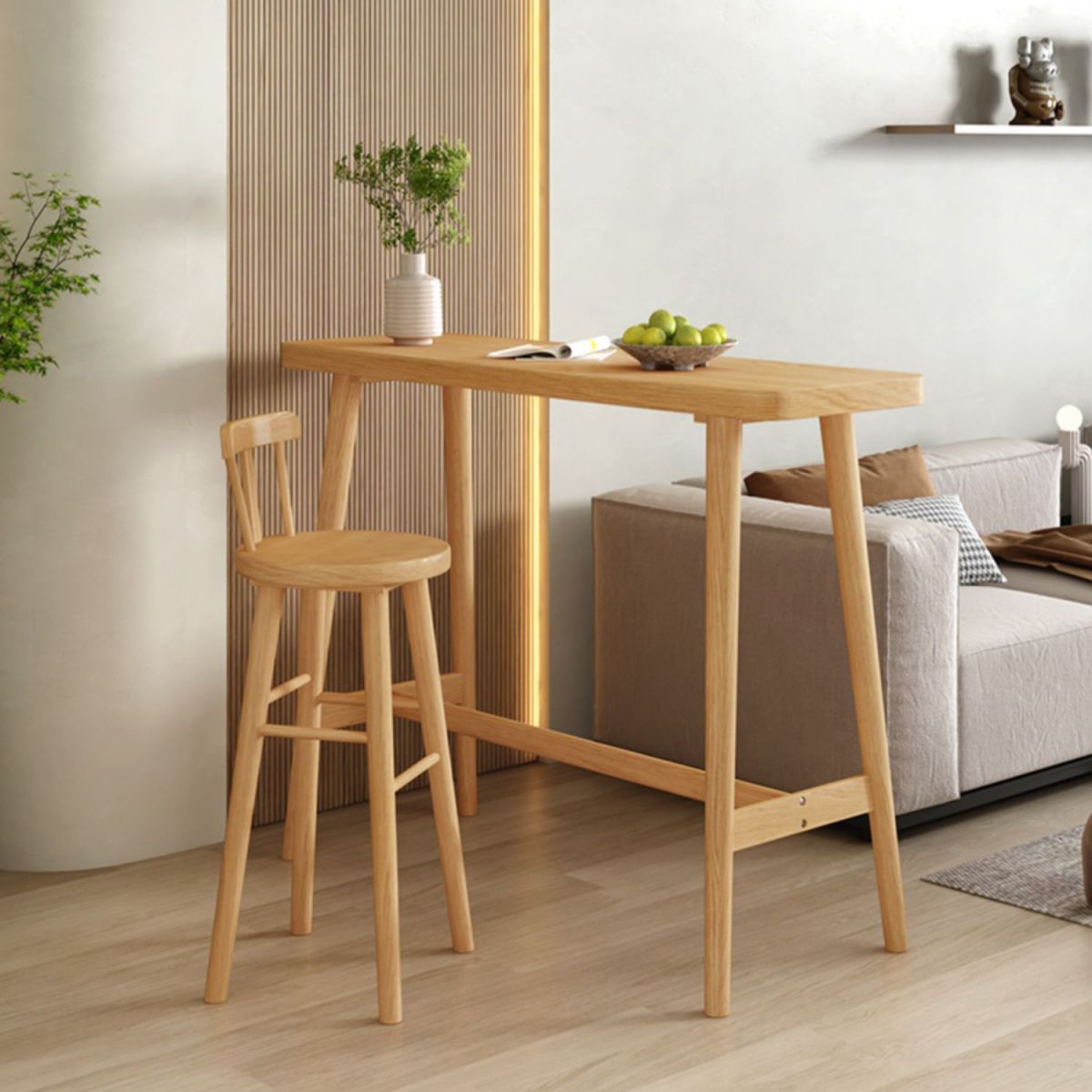 Modern Pine Wood Bar Dining Table Rectangle Indoor Bistro Table with Footrest