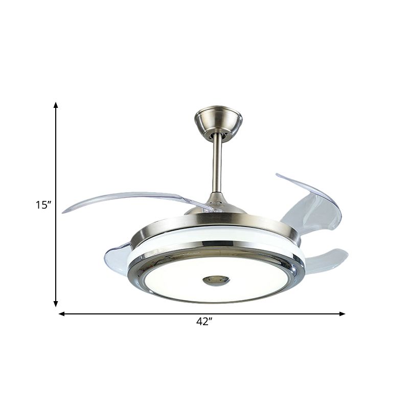 Acryl ronde hangende ventilatorlamp eenvoud LED zilveren semi -montage verlichting met 4 messen, 42 "breedte