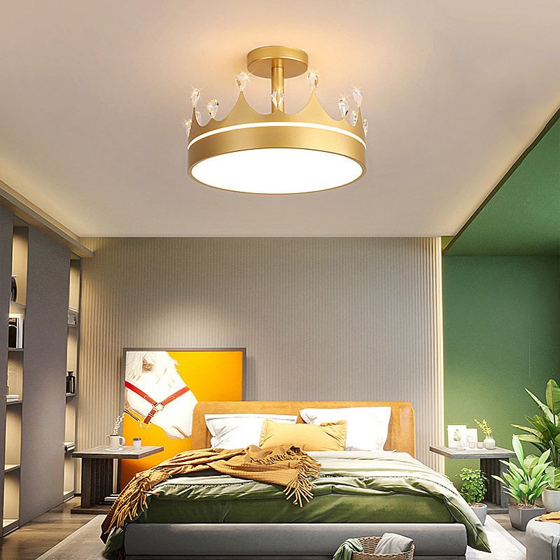 LED Bedroom Semi Flush Mount Lighting Modern Semi Flush Ceiling Light with Crown Metal Shade