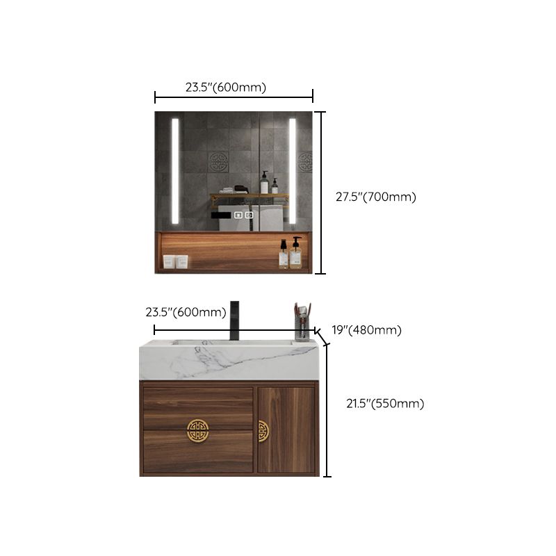 Wood Frame Vanity 2 Drawers Wall Mount Single Sink Rectangle Bathroom Vanity with Mirror