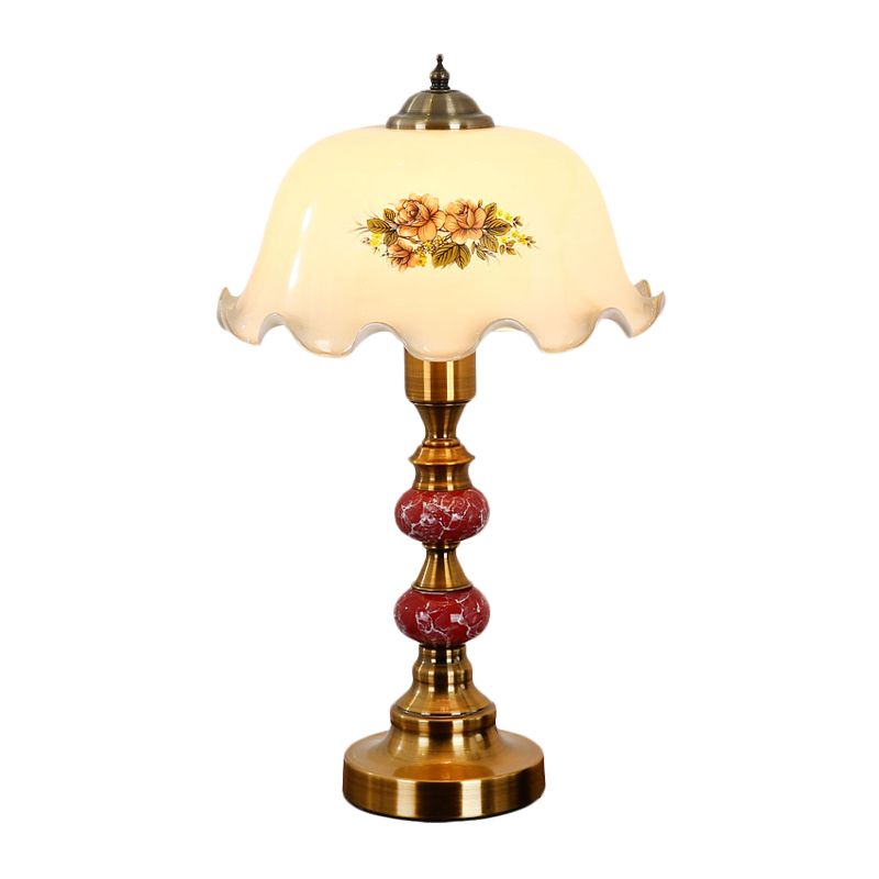 1-Head Scalloped Table Lamp Countryside Scalloped White Printed Flower glass Nightstand Light in Brushed Brass