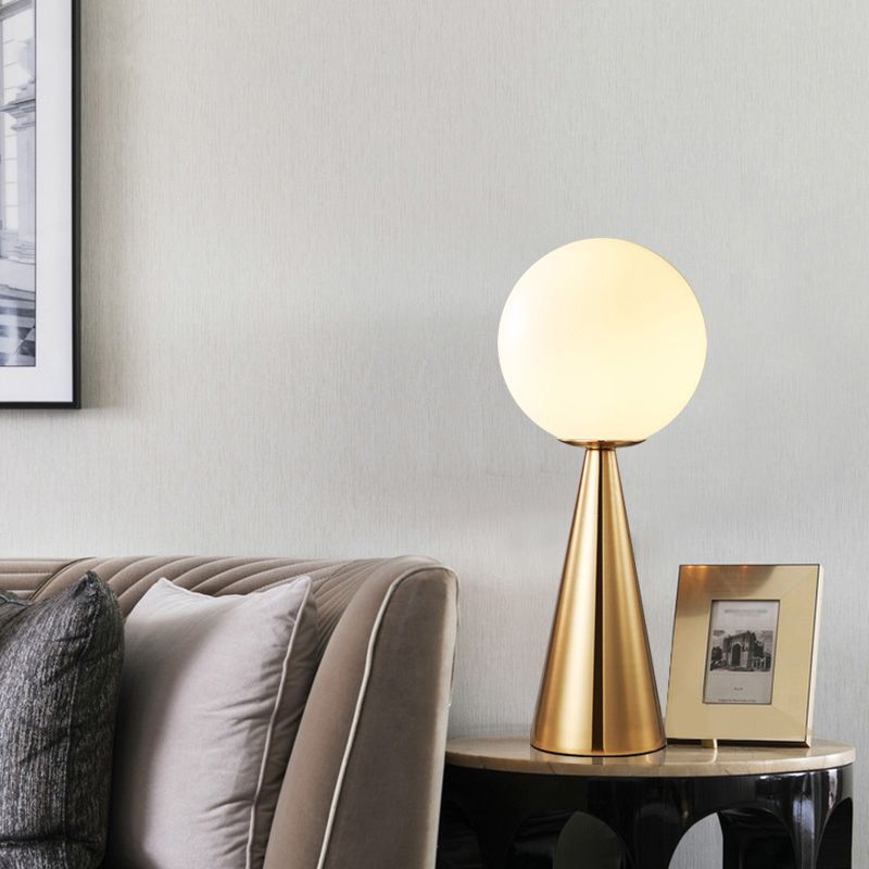 Postmodern Single-Bulb Night Lamp Gold Cylinder/Ball/Tapered Plug-in Table Light with Frosted White/Clear Glass Shade