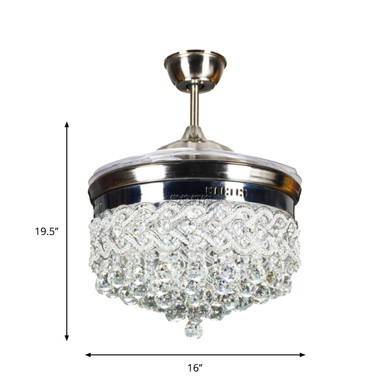 Crystal Orbs Tapered Semi Flush Light Modernism LED Silver Ceiling Fan Lamp with 4-Blade, 16" Wide