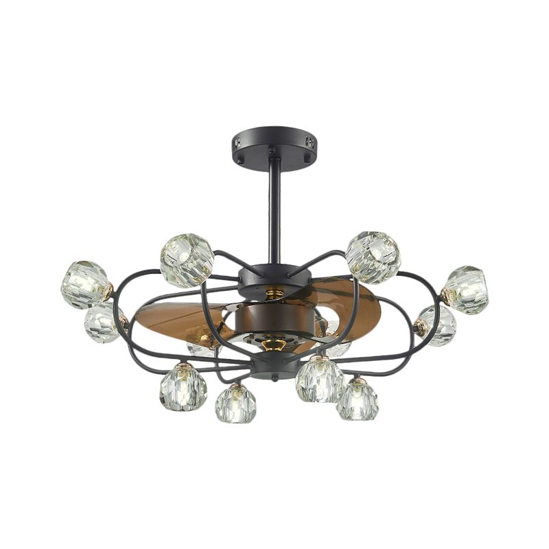 Traditional Swirling Metal Frame Semi Flush 12 Heads Crystal Ball Shade Ceiling Fan Lamp in Black with 3 Blades, 33.5" Wide