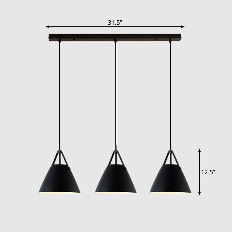 Nordic 3 Lights Cluster Pendant Conical Hanging Light with Metal Shade and Leather Strap