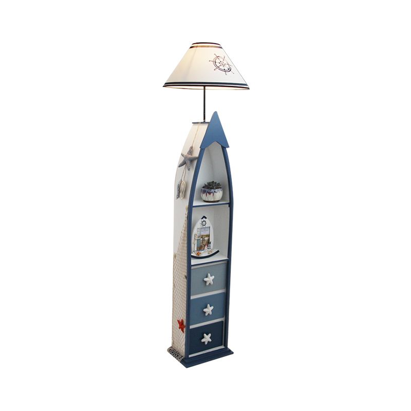 Boat-Shaped Floor Light Kid Wooden Single White Stand Up Lamp with Locker and Cone Shade