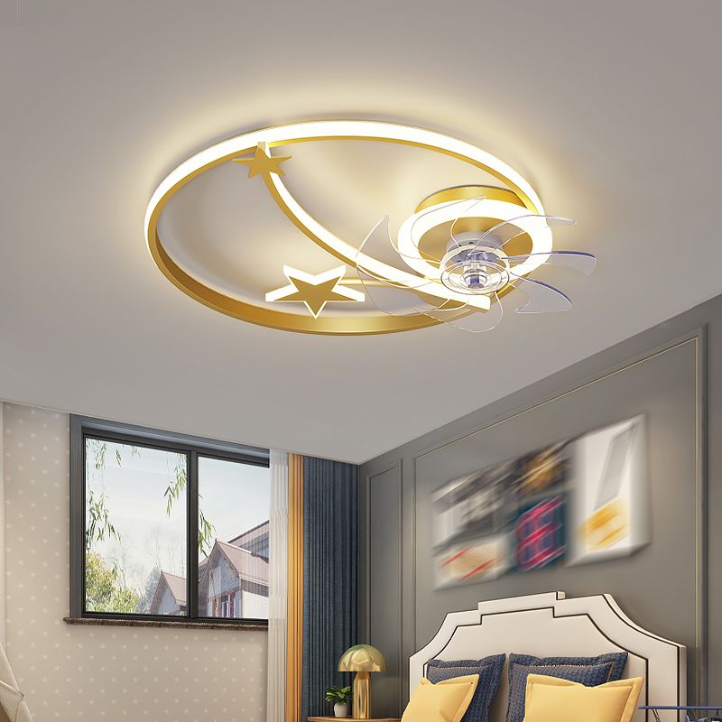 Cartoon Moon and Star Ceiling Fan Lamp Metallic Baby Room LED Semi Flush Mount Light