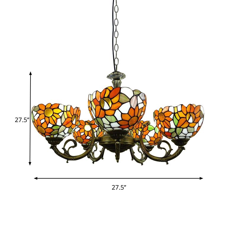 Orange Sunflower Hanging Light Rustic Style Tiffany Stained Glass Chandelier for Dining Room