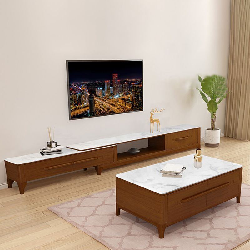 2 Drawers TV Console Modern Stone Media Console with Splayed Wooden Legs