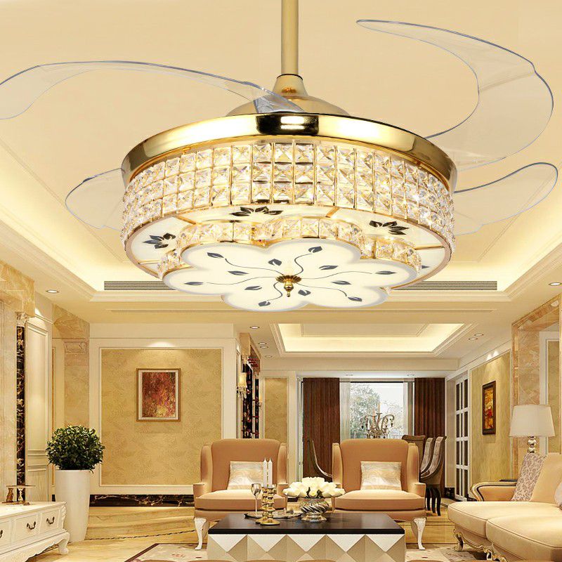 Floral Crystal Embedded Ceiling Fan Lamp Modern Gold Finish LED Semi Flush Light with 4 Clear Blades