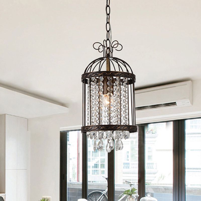 Metal Bird Cage Hanging Light Fixture Vintage 1 Light Pendant Light with Crystal Beaded Strand in Antique Bronze