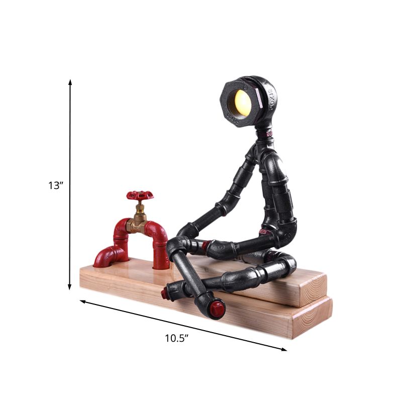 Iron Cross Legged Thinker Table Light Industrial LED Bedroom Night Lamp in Black with Valve Deco and Rectangle Wood Base