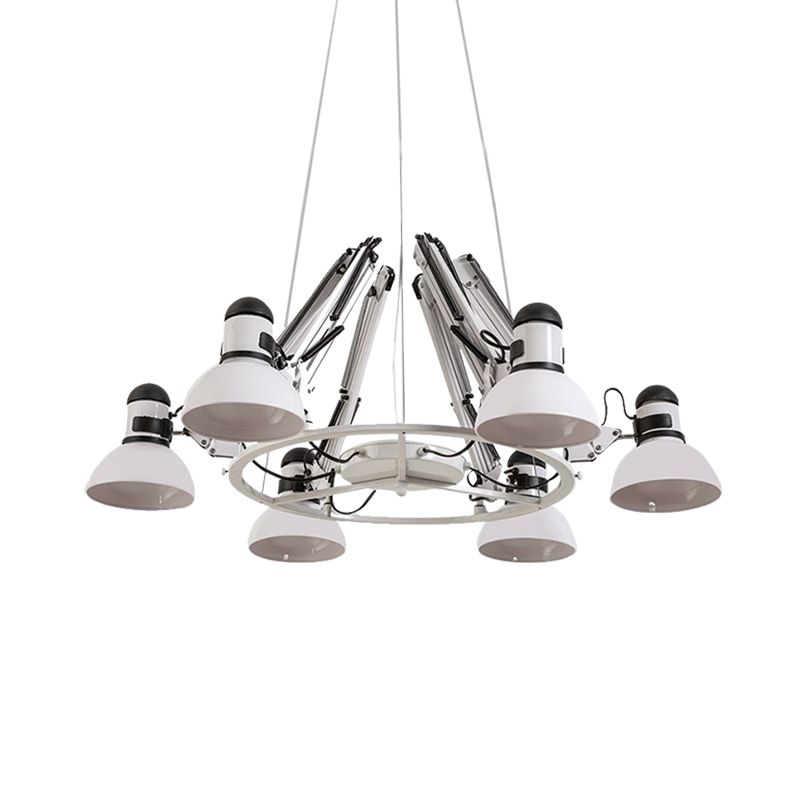 6-Heads Chandelier Lighting Vintage Domed Metal Hanging Ceiling Lamp in White with Swing Arm