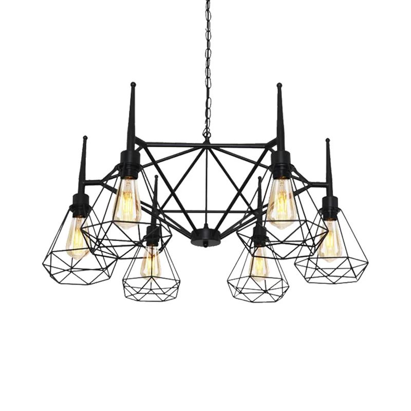 Multi Light Chandelier Lamp Retro Industrial Cage Diamond Iron Ceiling Pendant Light with Adjustable Chain in Black