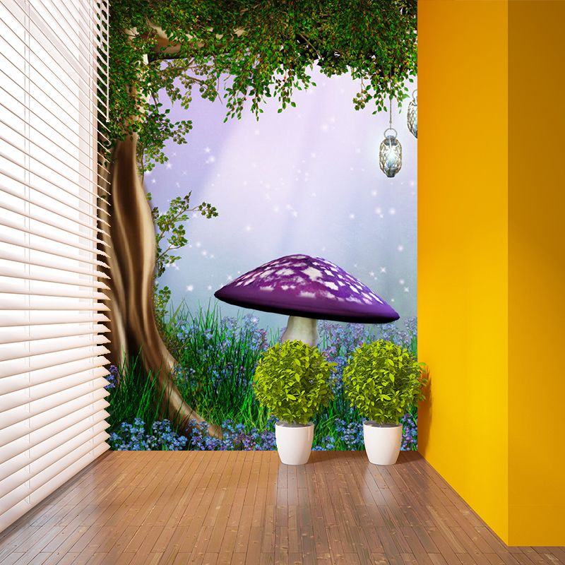 Plant Mushroom and Tree Murals Non-Woven Fabric Stain Resistant Purple and Green Wall Art for Kids Room