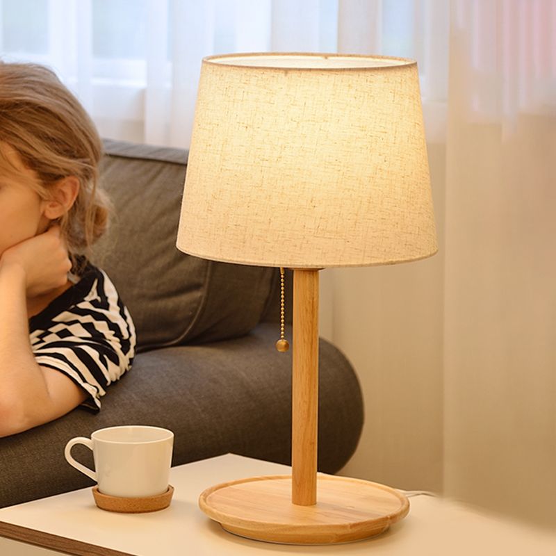 1 Head Conical Table Light Modernist Fabric Small Desk Lamp in Red Brown/Wood with Pull Chain