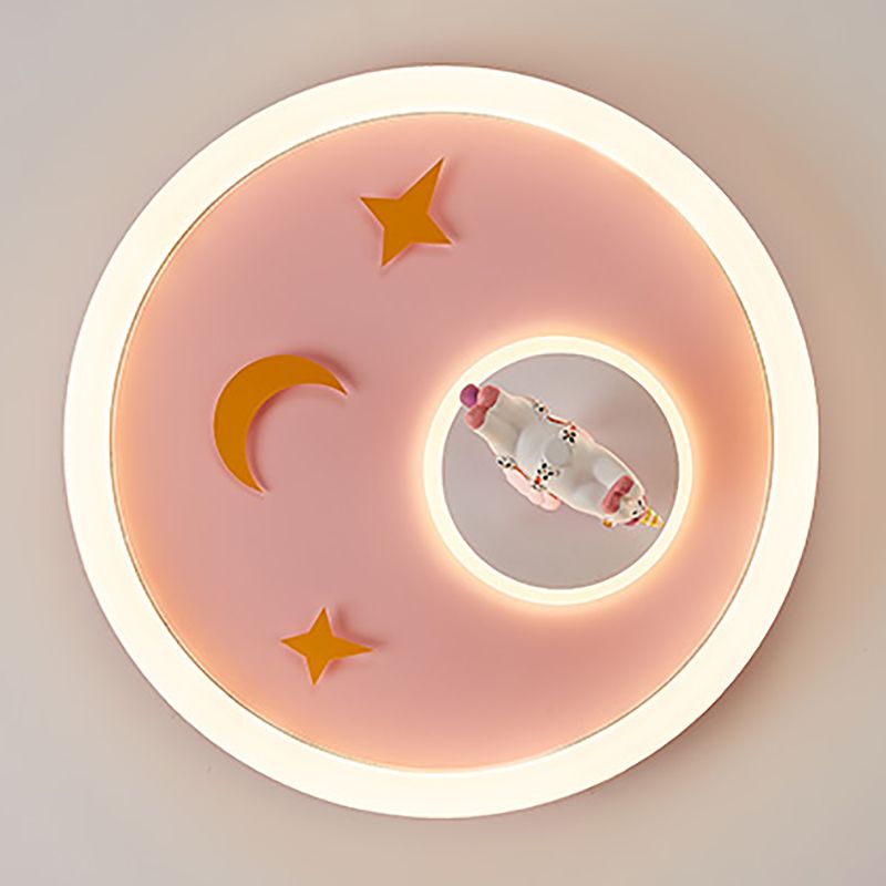 Metal Round Flush Mount Light Lovely Pink Unicorn Ceiling Light for Kid's Room