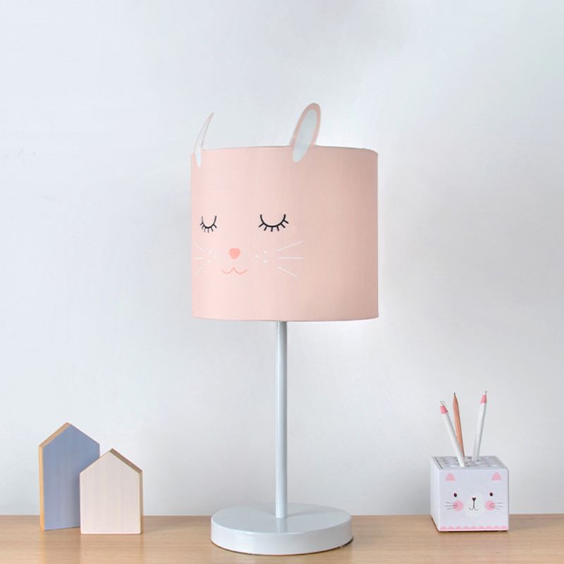 Contemporary Drum Table Lamp Fabric 1 Light Bedroom Night Light with Rabbit Pattern in White/Pink