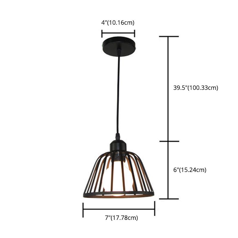 Black Metal Pendant Light Indsutrial Retro Bowl Wire Cage Hanging Lamp for Restaurant