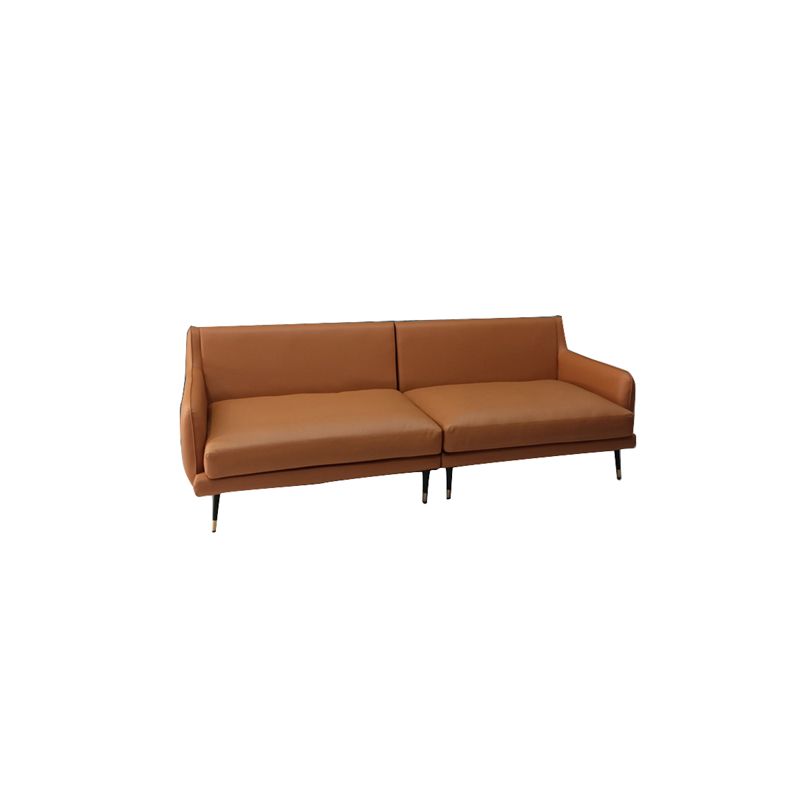 Mid-Century Modern Brown Leather Sectional Recessed Arm Sofa with Pillows