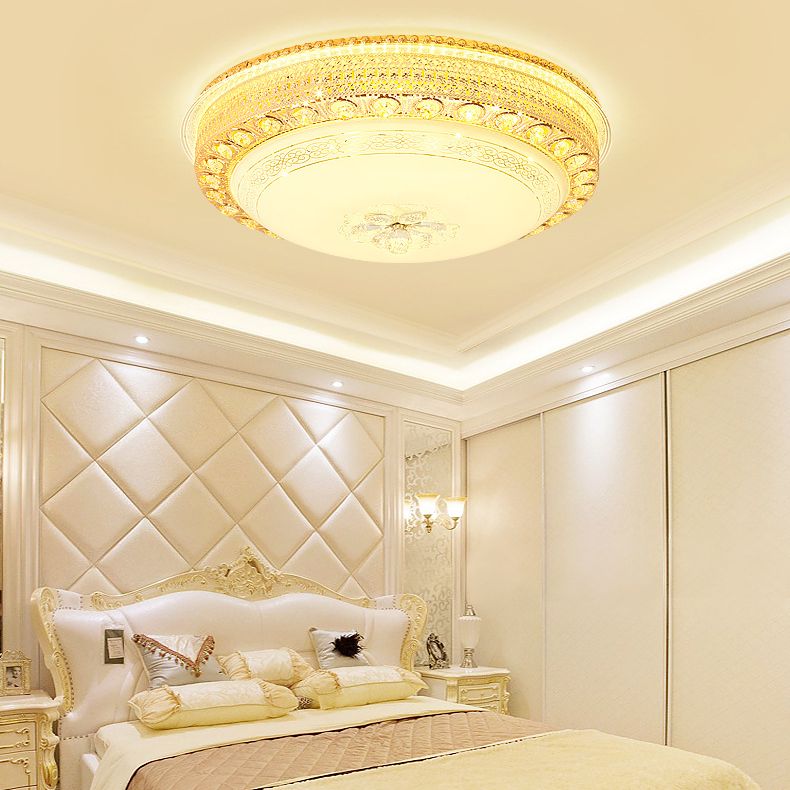 Opal Glass Bowl Flush Light LED Modernism Flush Ceiling Light with Crystal Accent and Hollow Out Design in Gold