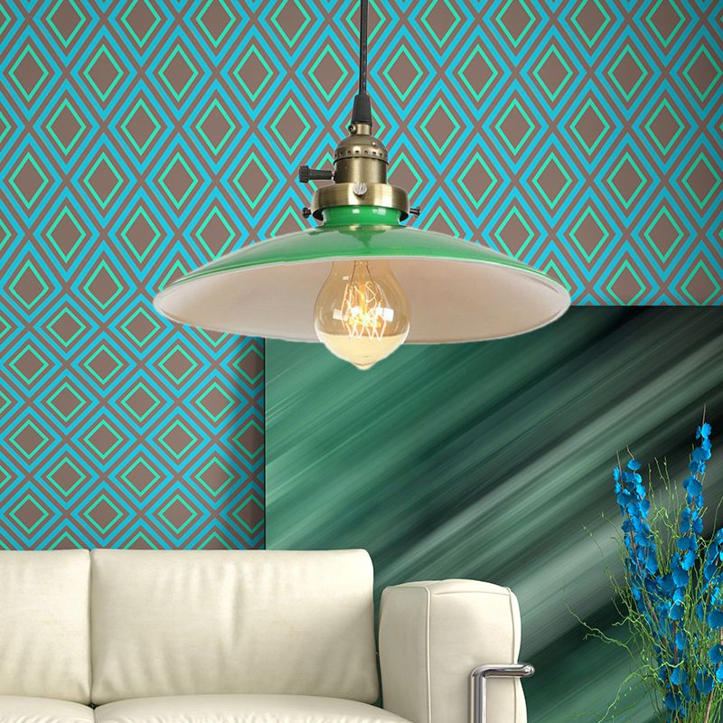 Metallic Saucer Suspended Light Vintage Style 1 Bulb Dining Table Hanging Lamp in Green