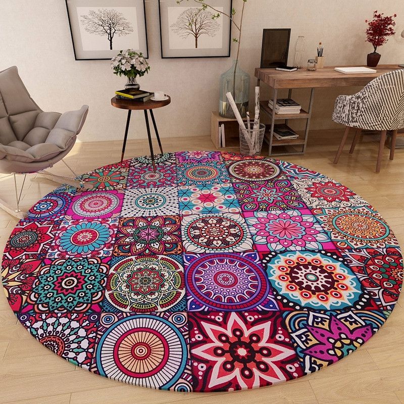 Classic Multi Color Moroccan Rug Synthetics Mandala Print Carpet Pet Friendly Anti-Slip Washable Rug for Home