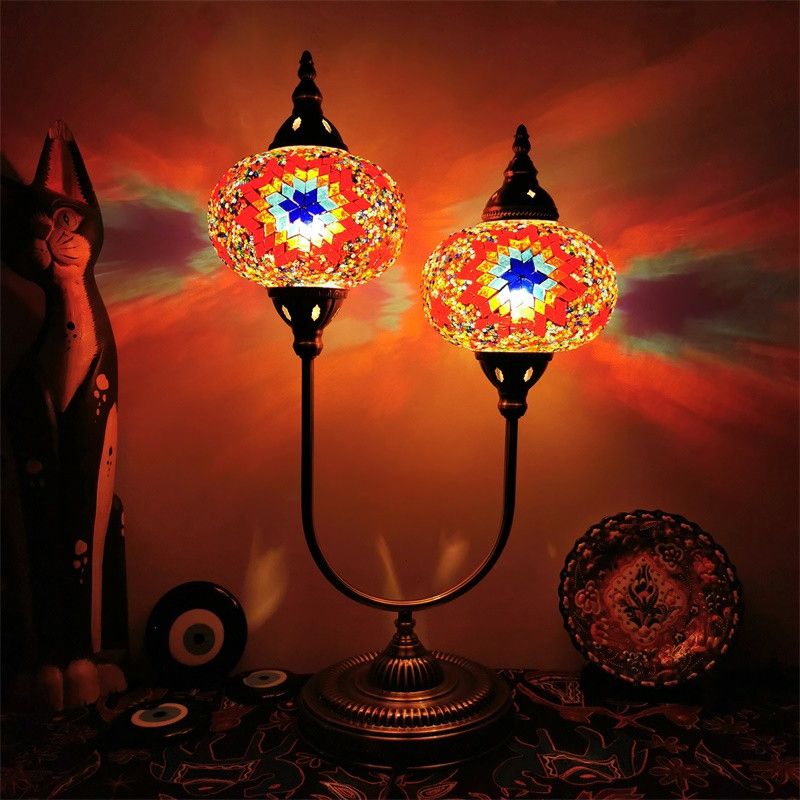 Elliptical Hand Cut Glass Desk Light Vintage 2 Heads Bedroom Nightstand Lamp in Yellow/Orange/Blue