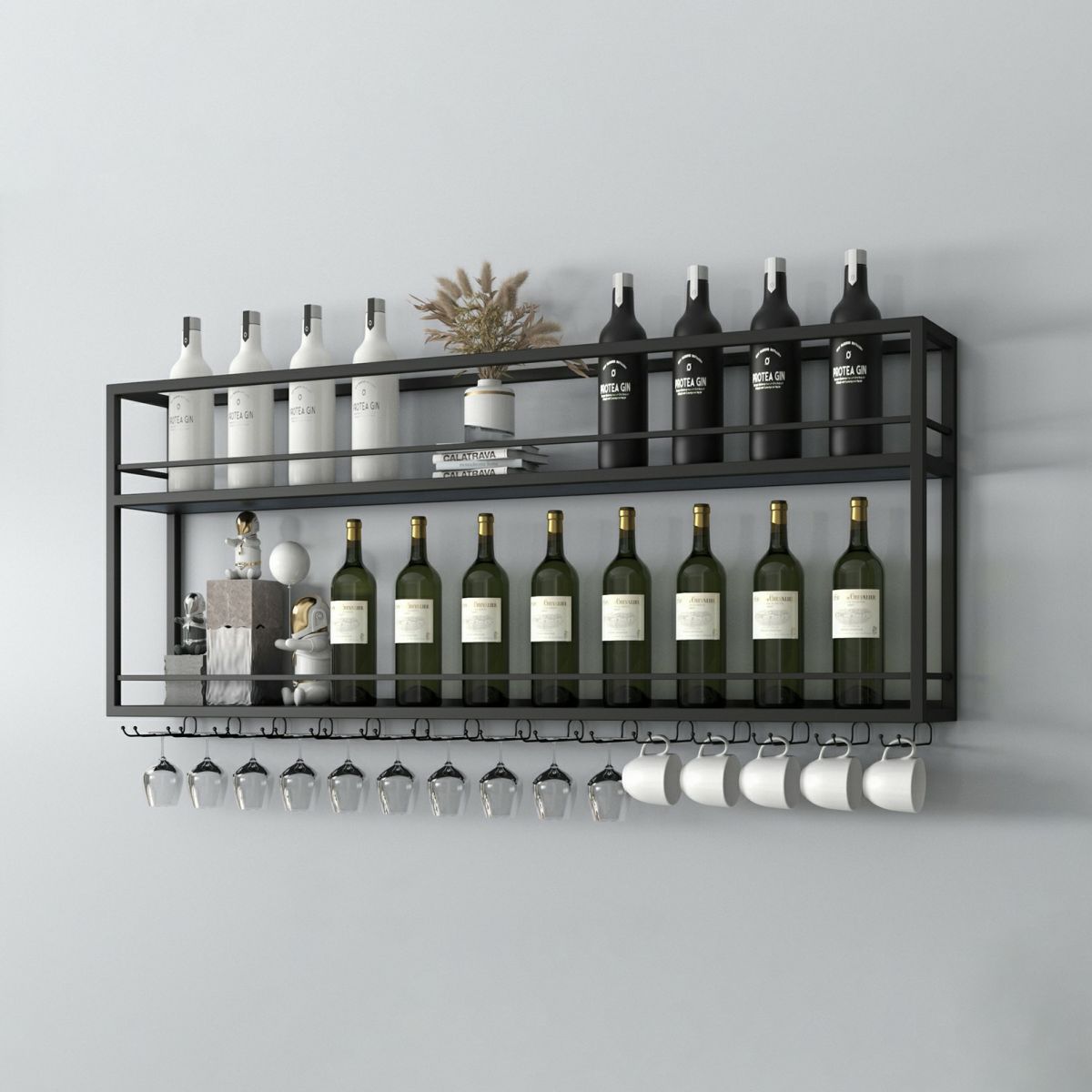 Modern Metal Wine Rack Wall Mounted Wine Bottle & Glass Rack for Living Room