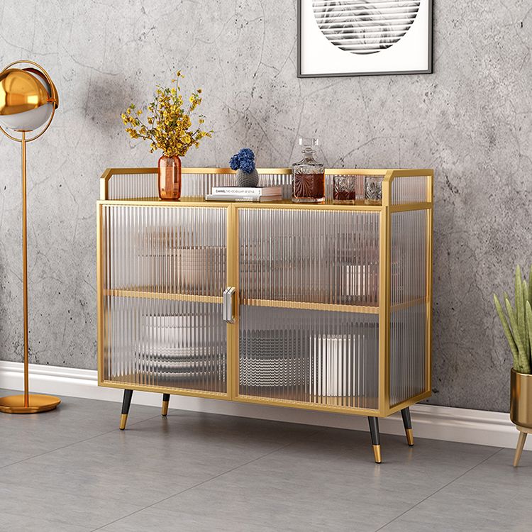 Polished Finish Metal Sideboard Glam Indoor Dining Server with Clear Glass Doors