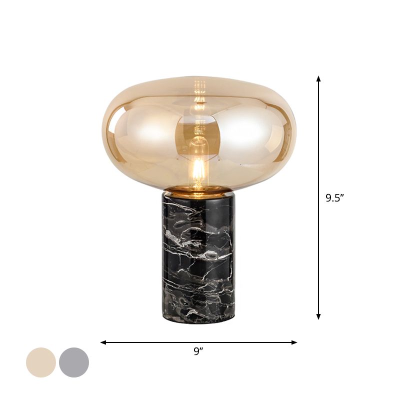 9"/12.5" Wide Cylinder Table Light Designer Marble 1 Head Black Night Lamp with Oval Grey/Amber Glass Shade