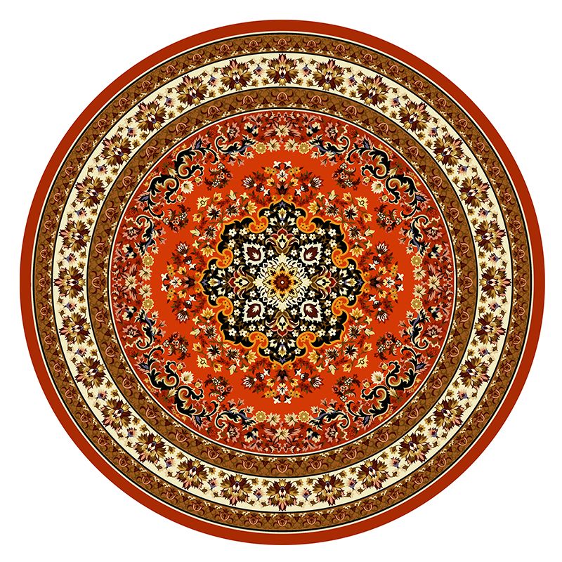 Round Yellow Tone Traditional Indoor Rug Polyester Floral Print Rug Non-Slip Backing Indoor Rug for Living Room