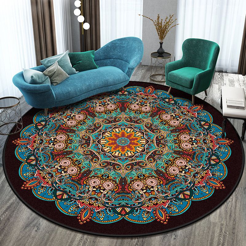 Bohemian Living Room Rug Multicolor Mandala Rug Polyester Stain Resistant Washable Anti-Slip Backing Rug for Hall