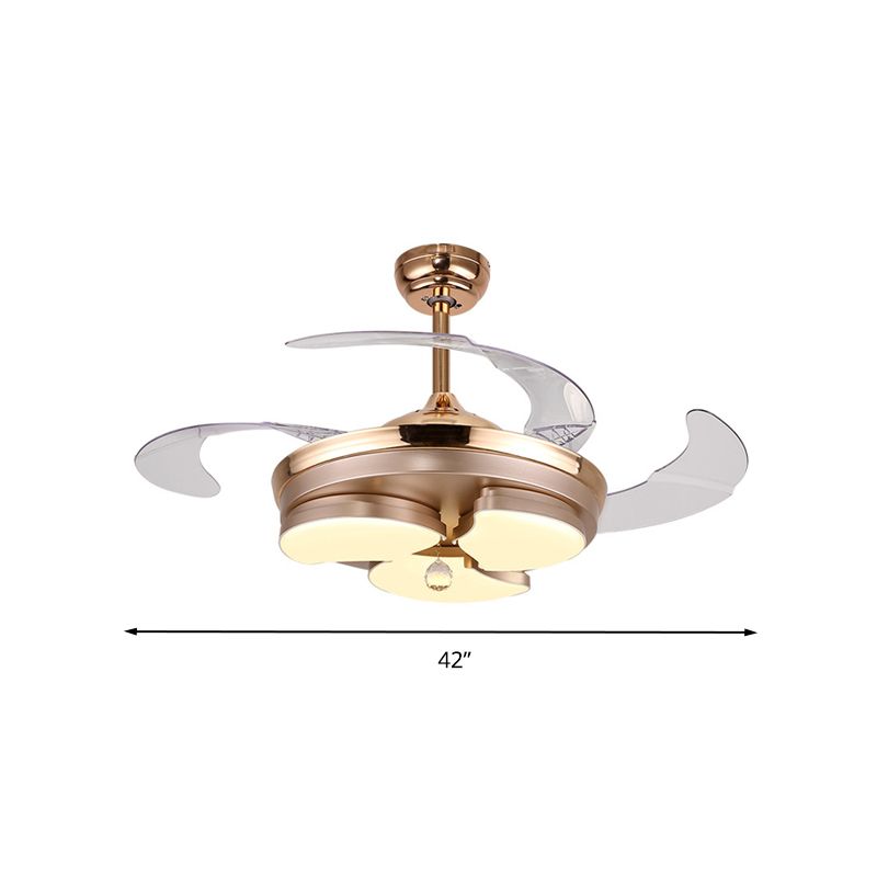 3/6 Leaf LED Ceiling Cooler Fan Modern Style Metal Rose Gold Semi Flush Mount Lamp with Crystal Drop, Frequency Conversion/Remote Control/Wall Control