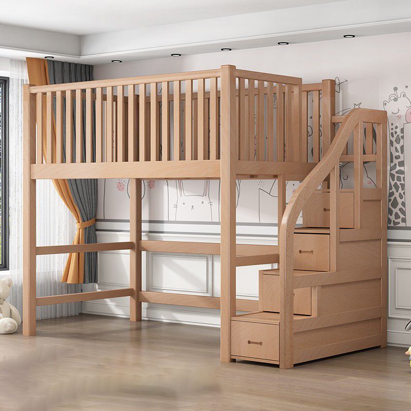 Contemporary Solid Wood Bunk Bed Natural Loft Bed with Guardrail