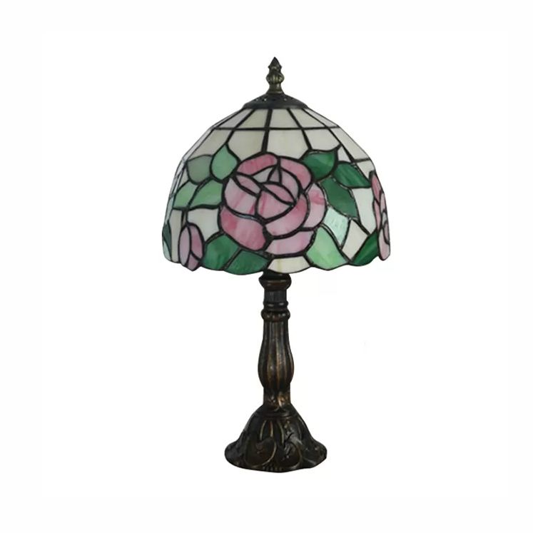 Tiffany Rose Table Light Bedroom 1 Light Stained Glass Decorative Standing Light in Pink-White/Pink