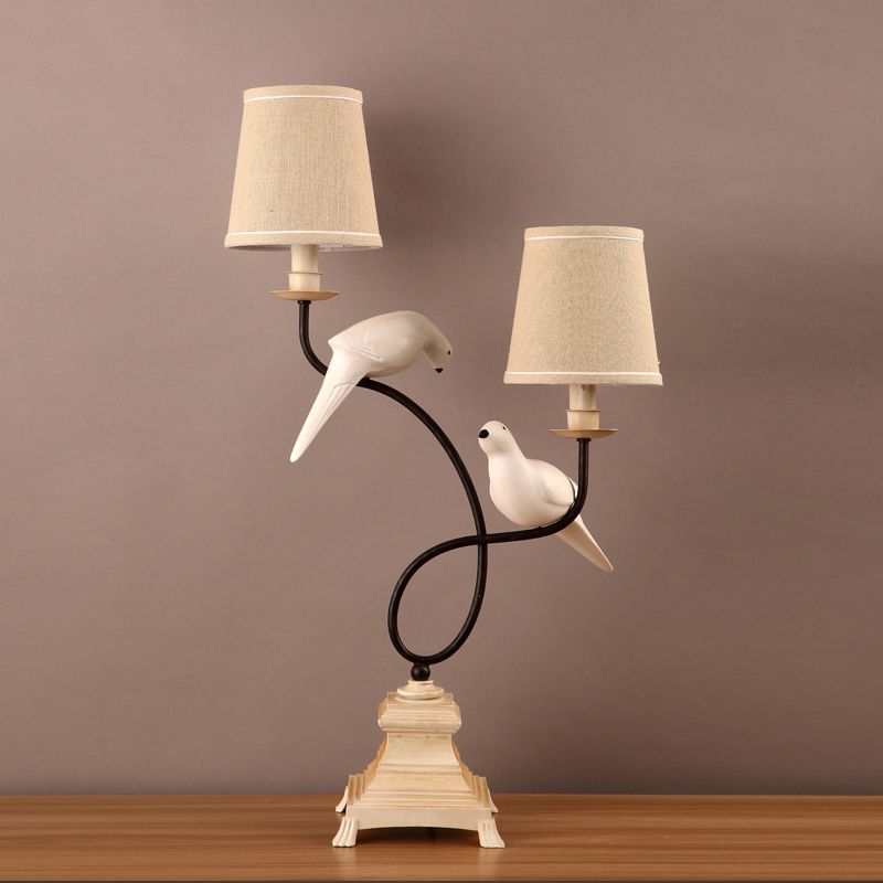 Fabric Barrel Shade Table Light Modern 2 Bulbs Flaxen Reading Lamp with Pigeons Deco