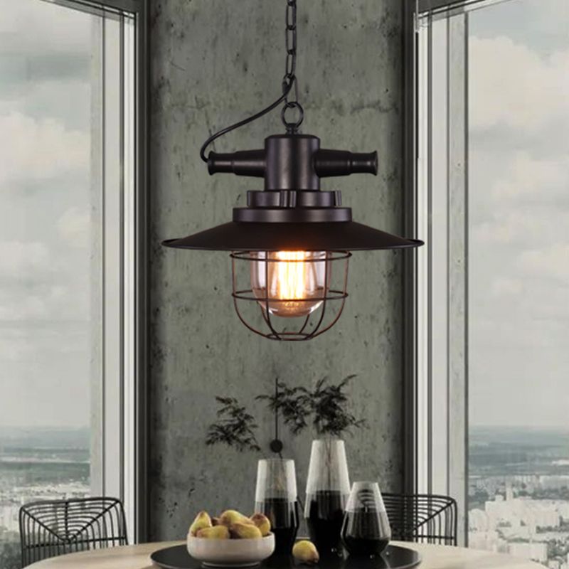 Single-Bulb Saucer Pendulum Light Industrial Black Iron Ceiling Pendant with Cage and Clear Glass Shade