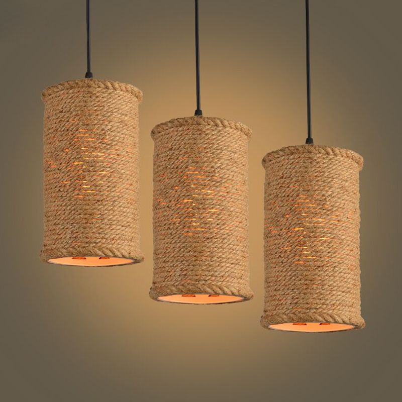 Beige Rural Retro Creative Pendant Lighting Rope Cylinder Pendant Lights for Restaurant