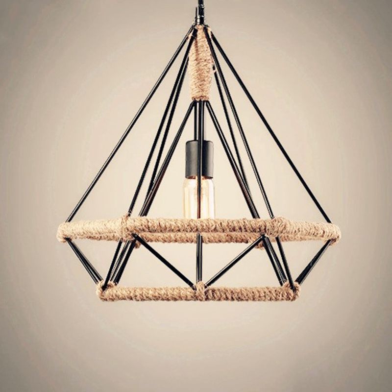 Rope Diamond Pendant Lighting Fixture Vintage Style Restaurant Hanging Pendant Light in Black