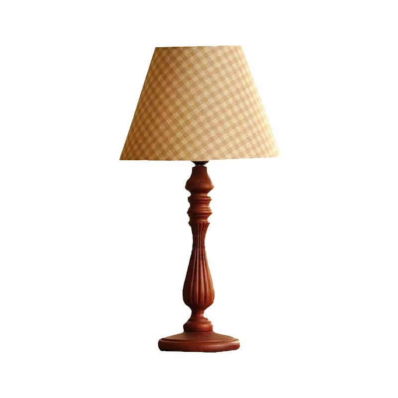 Beige/Tan/Dark Blue Barrel Shape Desk Lamp Traditional Fabric 1 Light Bedroom Reading Light with Wood Base