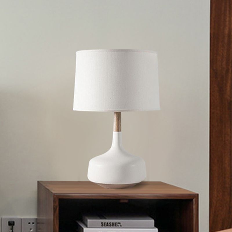 White Finish Drum Table Lighting Minimalist 1 Bulb Fabric Shade Desk Lamp for Bedroom