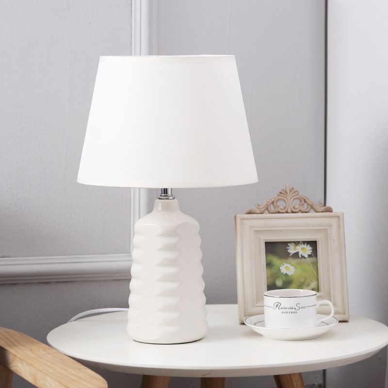 Cone Nightstand Lighting Simplicity Fabric 1 Bulb Living Room Table Light with White Ceramic Base