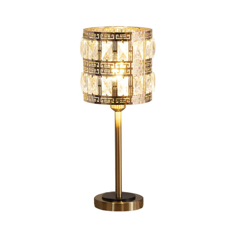 Minimalist Cylindrical Night Table Lighting Inserted Crystal 1 Bulb Bedroom Nightstand Lamp in Brass