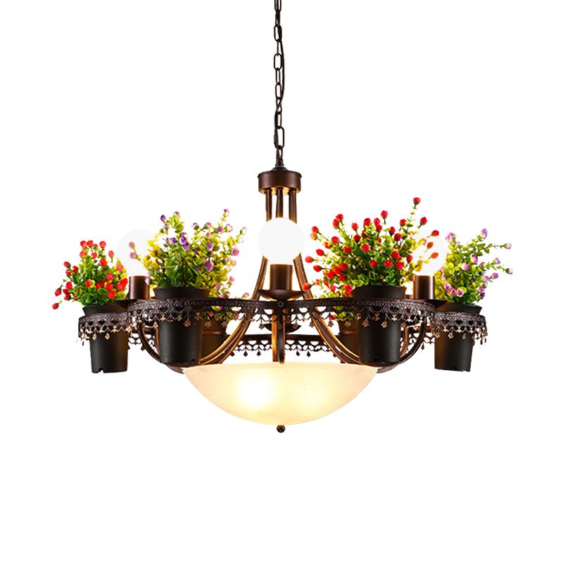 Bowl Restaurant Chandelier Pendant Light Opal Glass 9-Bulb Black Ceiling Lamp with Potted Plant