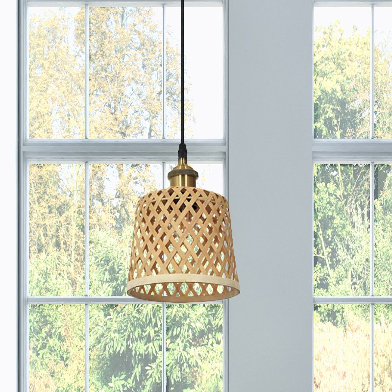 Hand-Worked Bamboo Hanging Light Modern 1 Head Beige Pendant Lamp with Barrel/Dome Shade for Coffee Shop