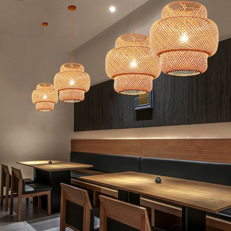 1 Light Tiered Pendant Lighting Japanese Rattan Pendant Lighting Fixtures for Restaurant