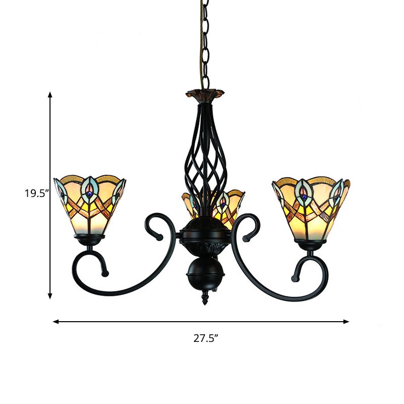Black Finish Peacock Chandelier Light Stained Glass 3 Lights Rustic Pendant Lamp for Dining Table