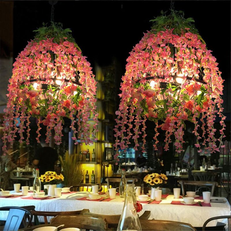 Pink Floral Chandelier Pendant Light Industrial Metal 3 Heads Restaurant LED Hanging Lamp